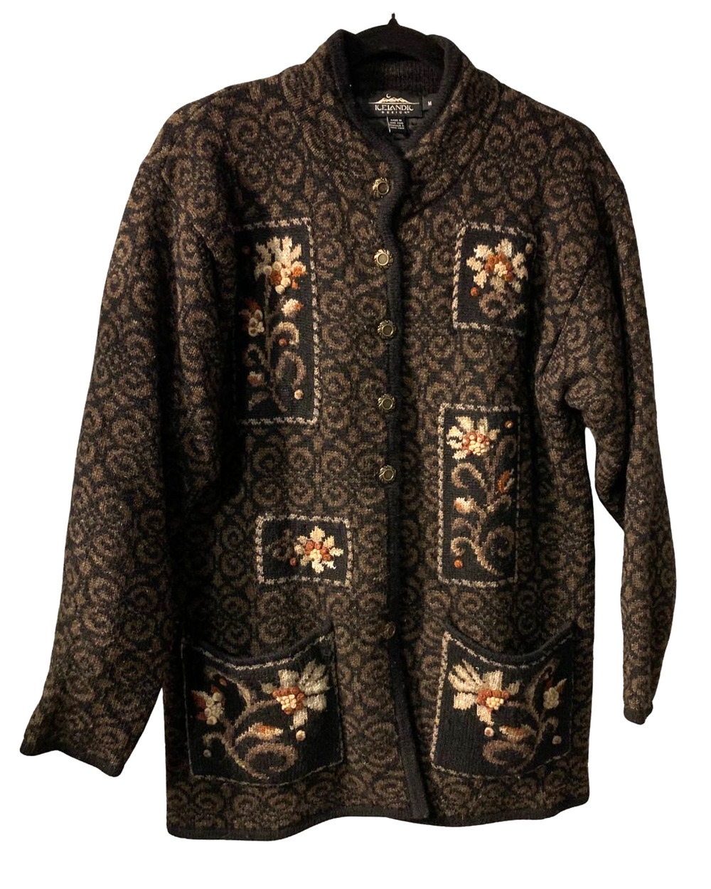 Vintage Icelandic Design Womens 3D Embroidered Knit Jacket Size M 100% Wool
